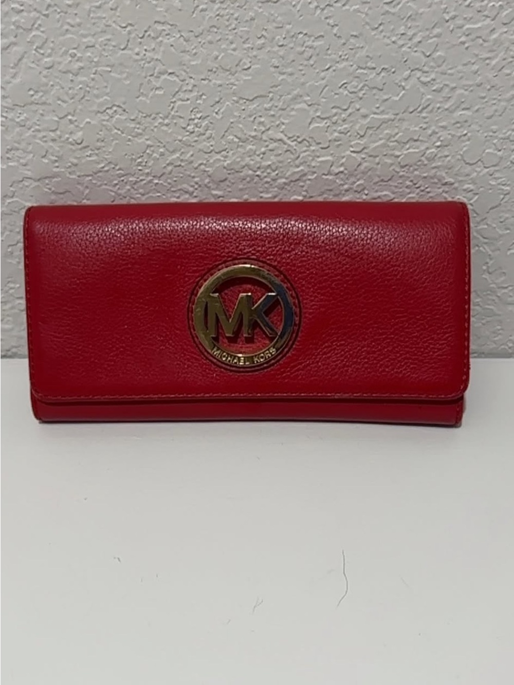 Michael Kors Red Leather MK Plaque Continental Wallet with Gold Hardware